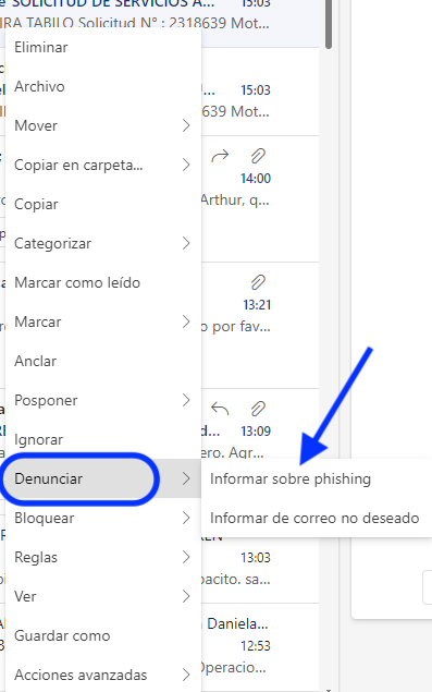 menú outlook que muestra ítem reportar phishing