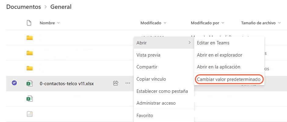 menú en TEAMS para seleccionar valor predeterminado al abrir un archivo